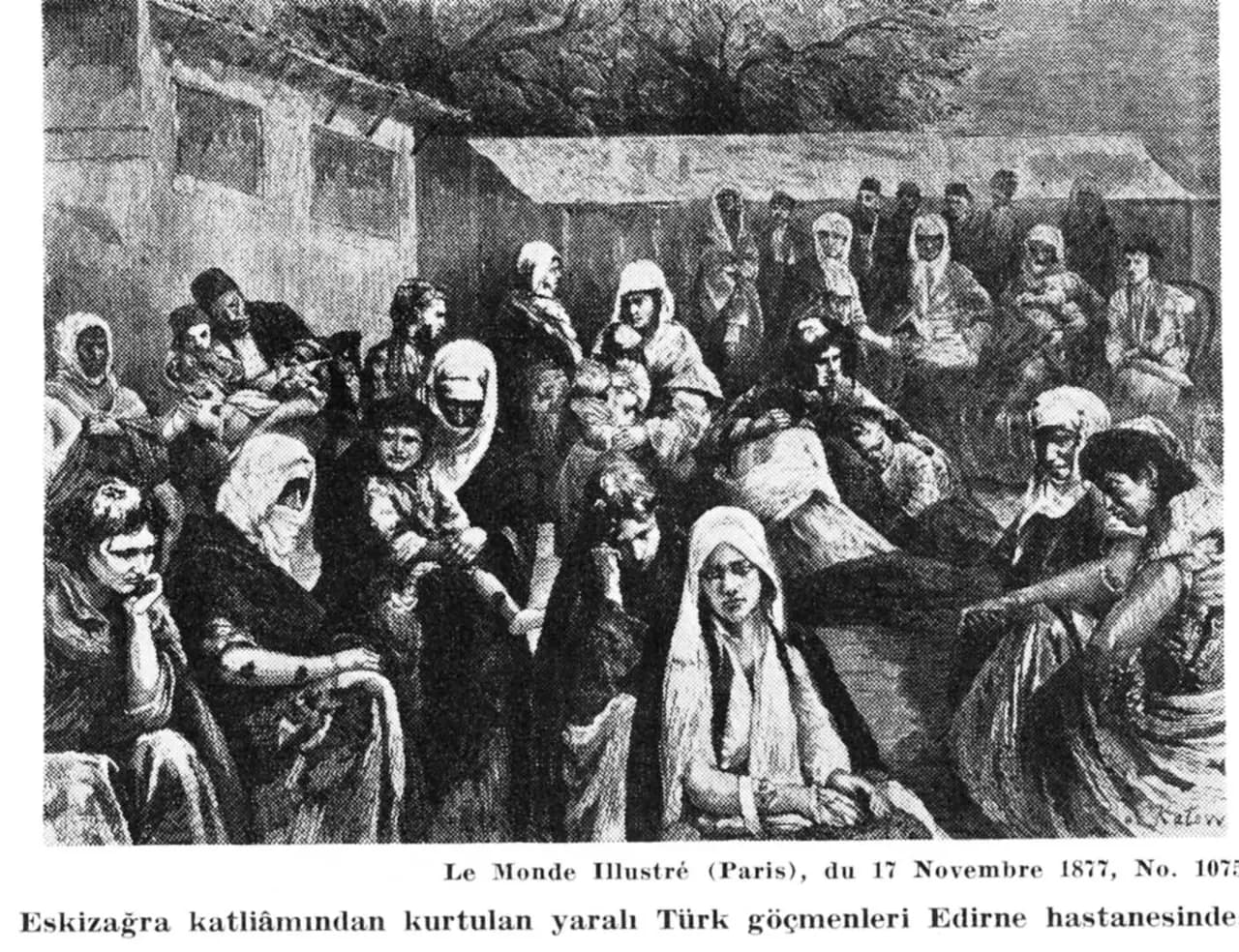 1877-78 Osmanlı Rus Savaşında, Eski Zağra katliamından kurtulan yaralı Türk göçmenleri Edirne Hastanesinde